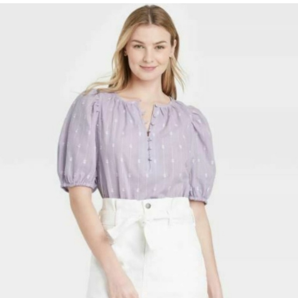 2/$30 Universal Thread Purple White Puff Sleeve Peasant Top Size XS